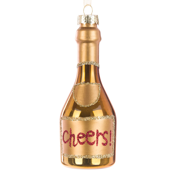 Clear 10cm glass hanging wine bottle decoration with gold "Cheers" text, festive tree ornament by Keans Claremorris.