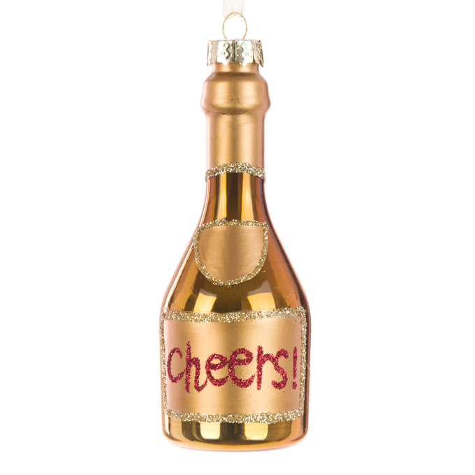 Clear 10cm glass hanging wine bottle decoration with gold "Cheers" text, festive tree ornament by Keans Claremorris.