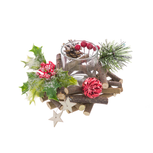 Holly & Twig Candle Holder Wreath h8cm
