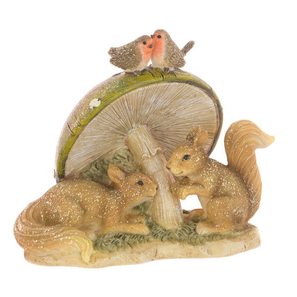 Squirrel on toadstool resin ornament, 12cm tall, multi-coloured woodland décor by Keans Claremorris