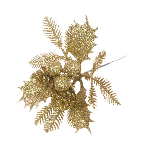 Glitter Holly and Pinecone Pick Gold decorative holiday accent by Keans Claremorris, festive Christmas decor accessory.