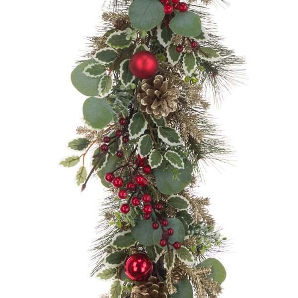 Holly garland with cones and red baubles, 152cm green festive decoration – Keans Claremorris