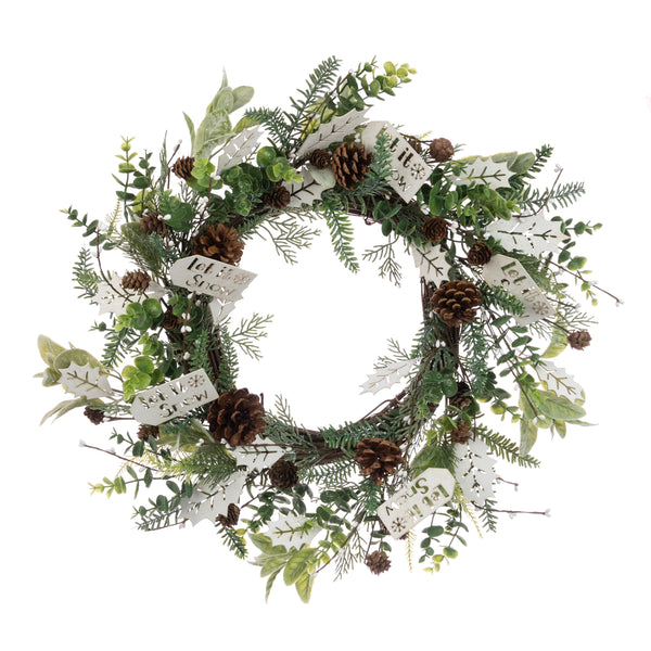 Let It Snow green and white foliage wreath 60cm for holiday decor - Keans Claremorris