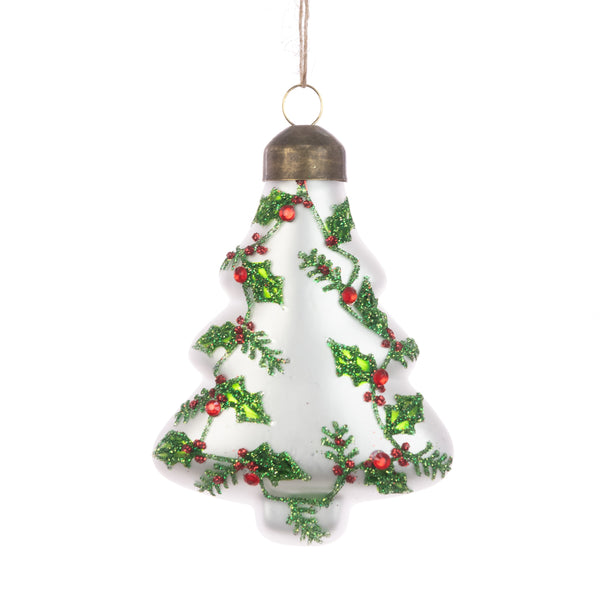 Glass Tree Holly Hanger 10cm, elegant glass Christmas decoration with holly detail, perfect for trees and wreaths – Keans