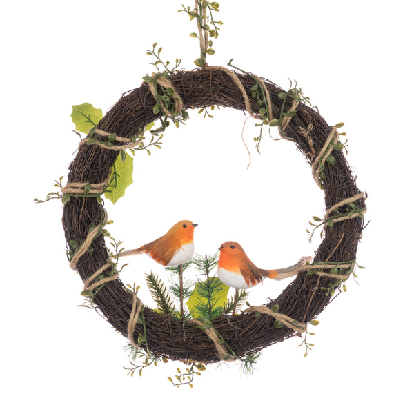 Christmas Robin Wreath 36cm with festive red berries and greenery, perfect holiday decor from Keans Claremorris.