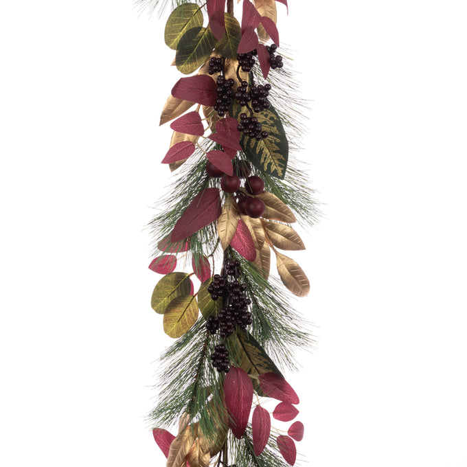Wilsthorpe Garland 180cm in dark red and gold leaf, festive decoration by Keans Claremorris