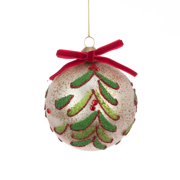 Gold with Velvet Bow Hanger GLASS Bauble 8cm