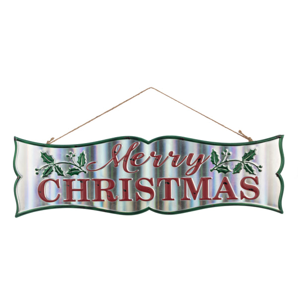 Metal Merry Christmas sign with red and green lettering on shiny metallic background, hanging by twine rope.