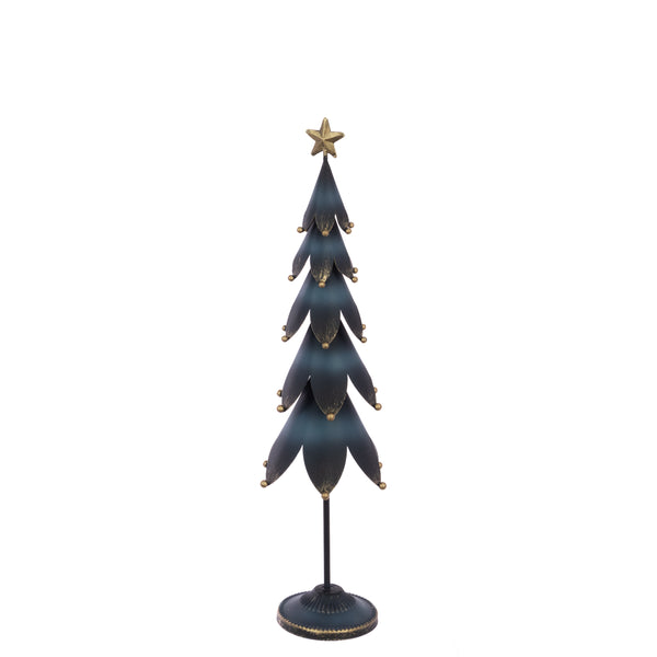 Dark blue metal Christmas tree with gold-tipped branches and star topper on a round base, 40cm tall.