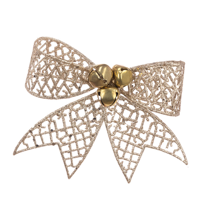 Glitter Bow & Bells Hanger – Champagne Gold 20cm - Image 1