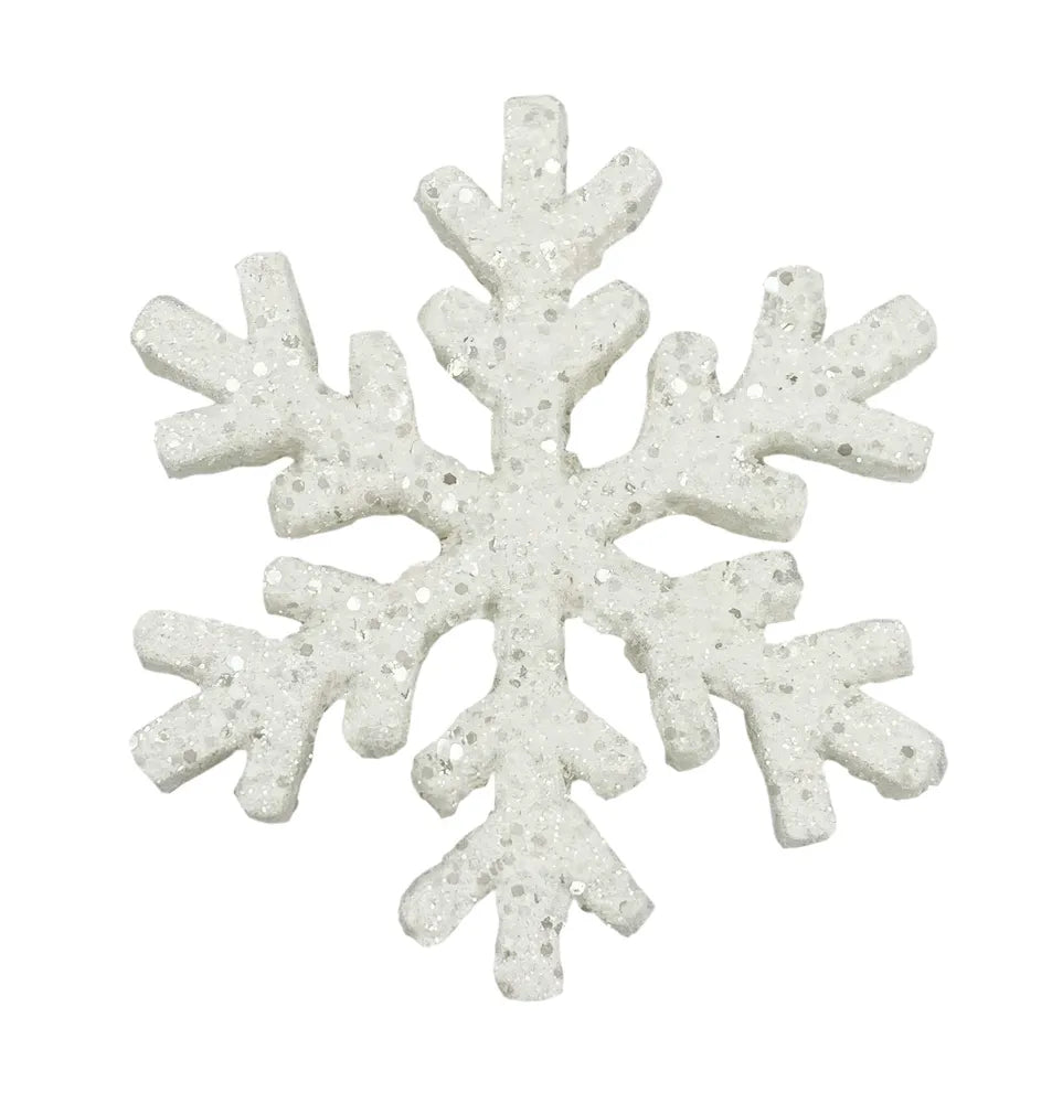 White glitter snowflake hanging decoration with six branches and a frosty sparkle finish.