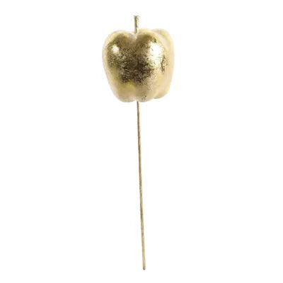Gold metallic apple on a long thin pick, shown against a white background.