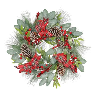Luxury Rattan Wreath Frosted Cones Tartan Bows & Red Berries - 60cm - Image 1
