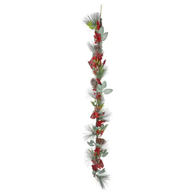 Luxury Rattan Garland Frosted Cones Tartan Bows & Red Berries - 180cm - Image 1