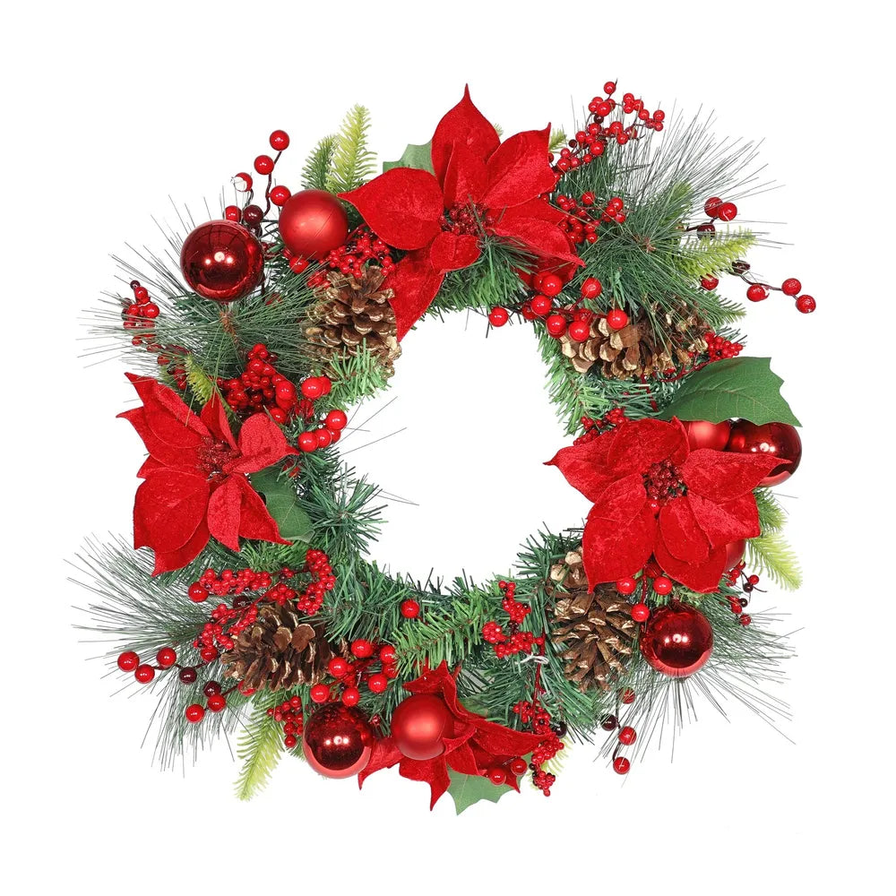 Poinsettia & Bauble Wreath - Red - 50cm - Image 1