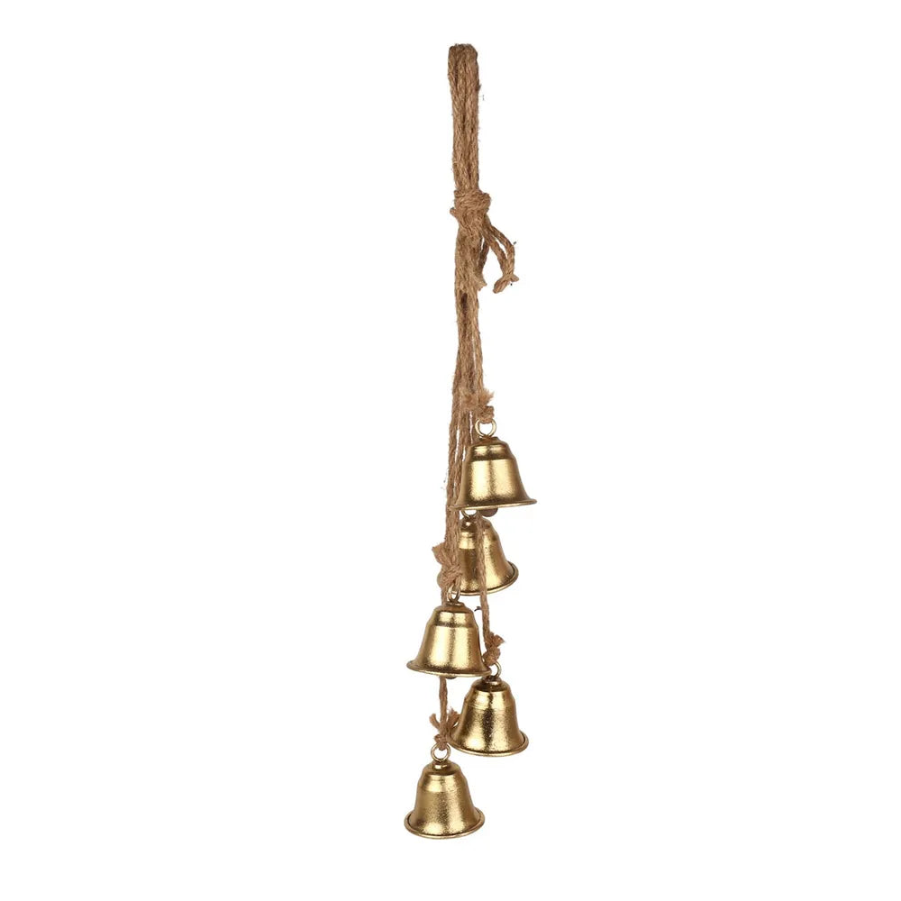 Gold Metal Bells on Jute Hanging Rope –  H8cm - Image 1