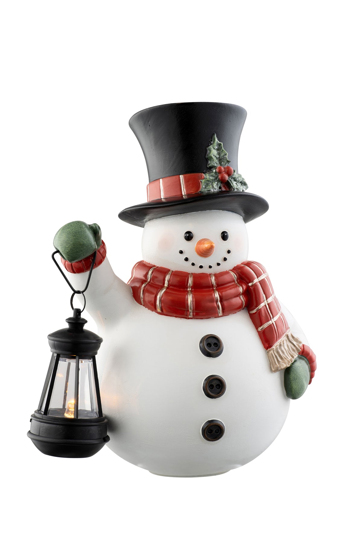 Aynsley LED snowman figurine wearing a black top hat and red scarf, holding a lit black lantern.
