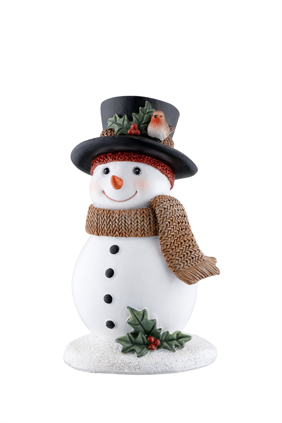 Snowman figurine with black top hat, robin on hat, brown scarf, black buttons, and holly decoration on snow base