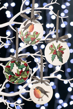 Christmas Robins & Holly Flat Ornaments 4 piece