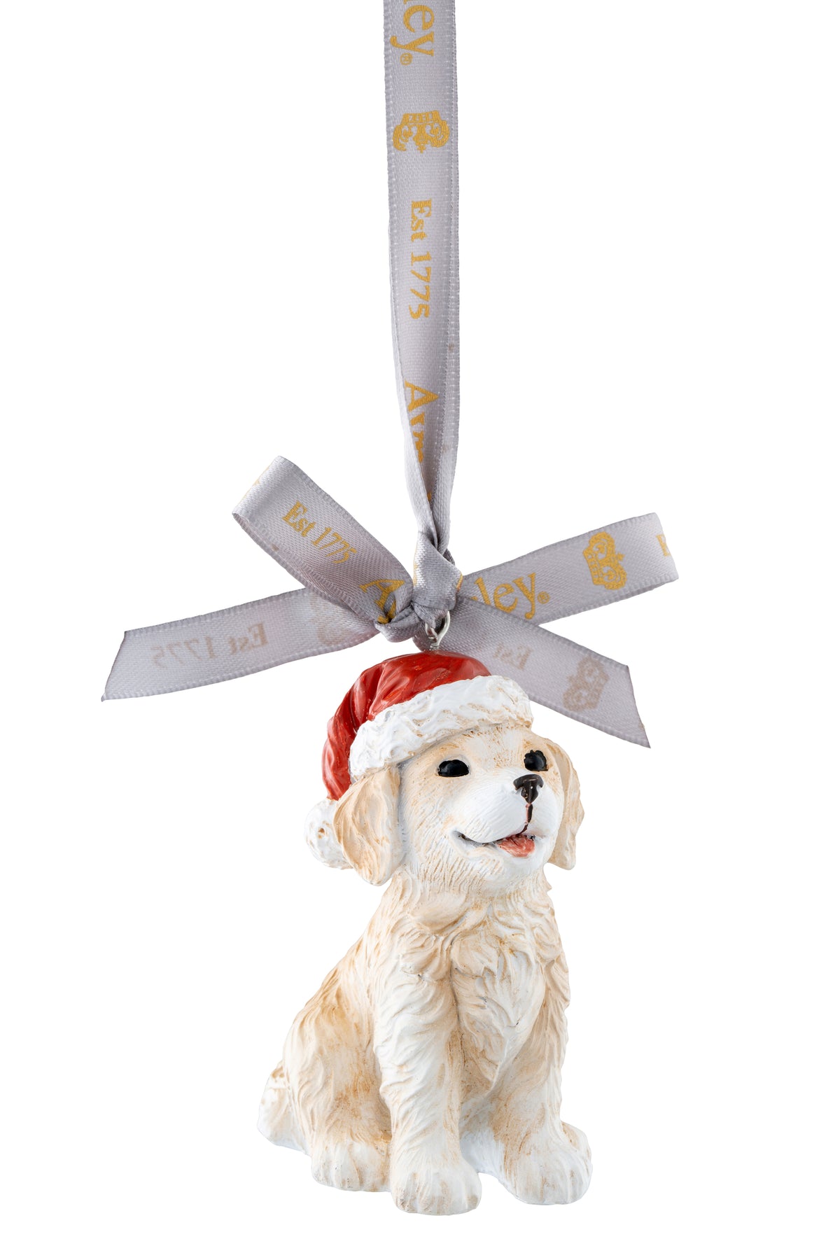 Aynsley Christmas Puppy Hanging Ornament showing a smiling puppy wearing a red Santa hat with a branded ribbon loop.
