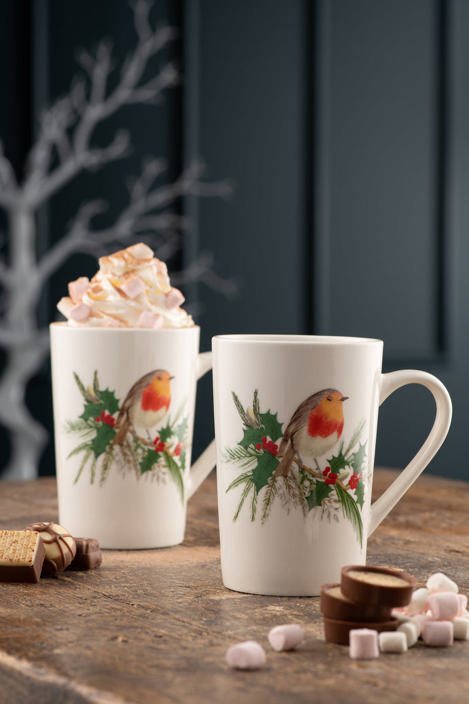 Aynsley Robin Latte Mugs Set of 2 with bird design, elegant ceramic cups - Keans Claremorris
