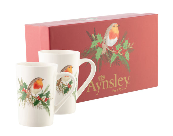 Aynsley Robin Latte Mugs Set of 2 with festive robin design, perfect for coffee, tea, and hot chocolate – Keans Claremorris.