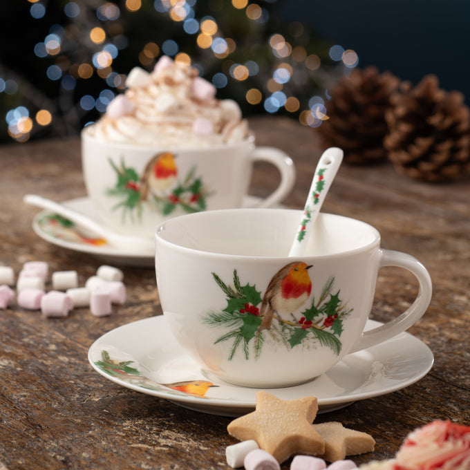 Aynsley Robin cappuccino mugs set of 2 with festive robin design, perfect for hot chocolate and tea – Keans Claremorris