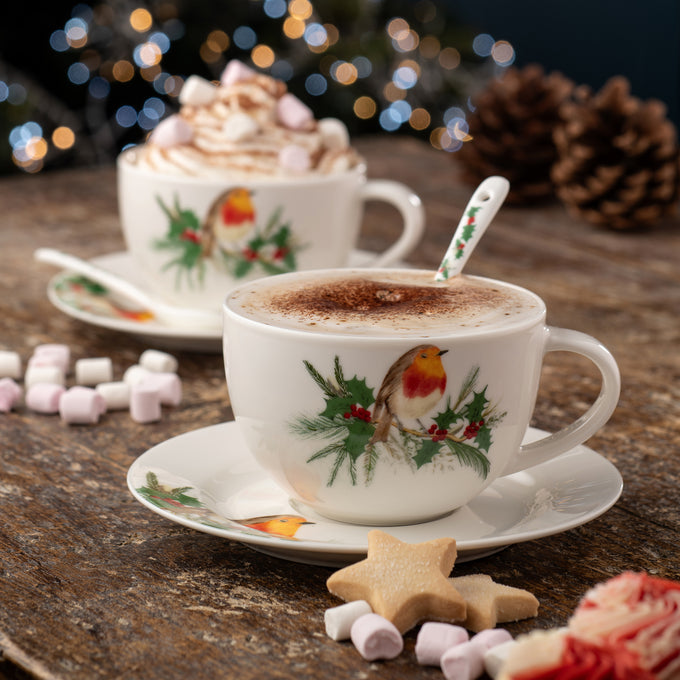 Aynsley Robin cappuccino and hot chocolate set of 2 cups, elegant design, available at Keans Claremorris.