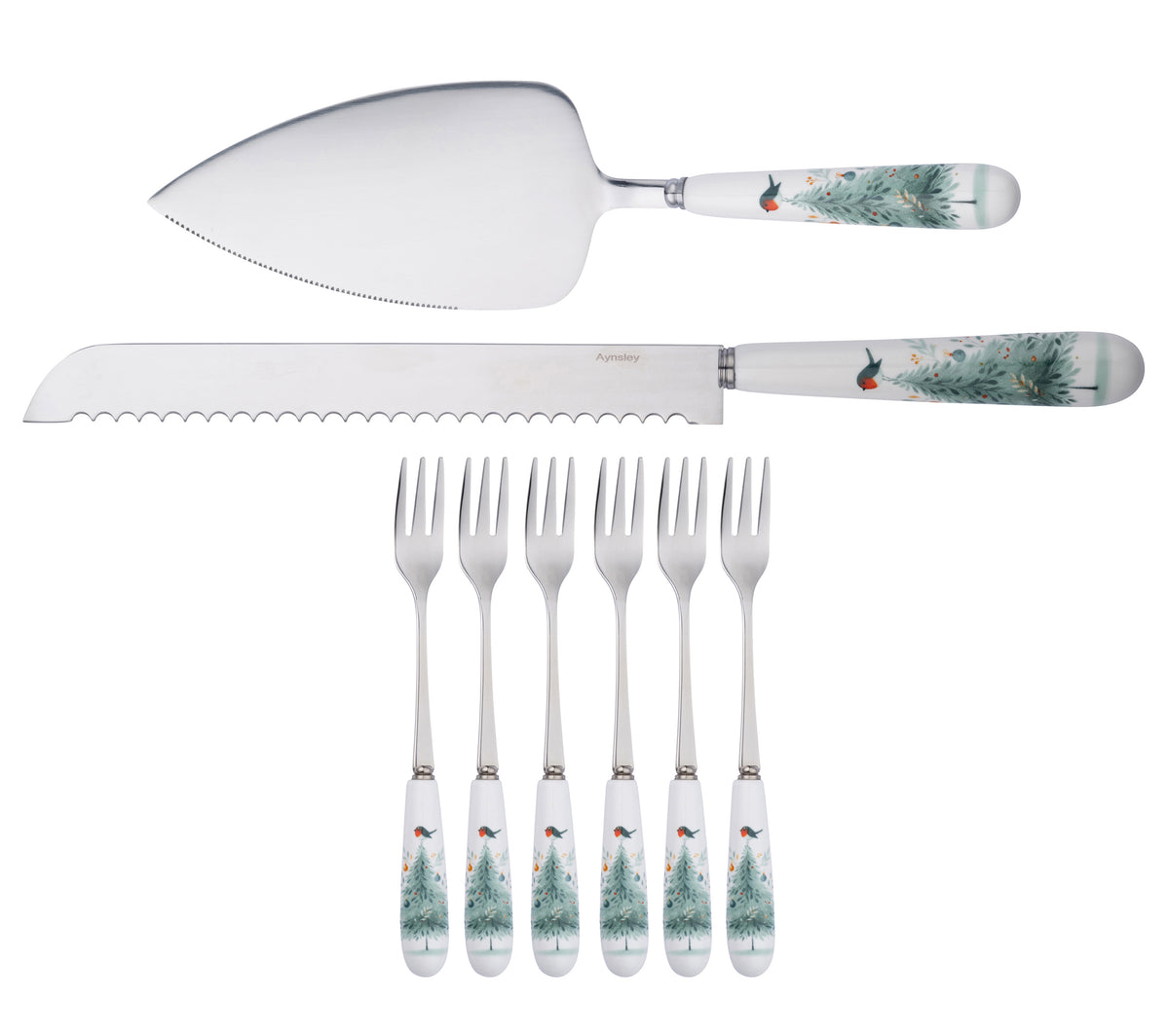 Aynsley Little Robin Christmas Tree pastry set with six forks, serrated knife, and cake server, festive handles.