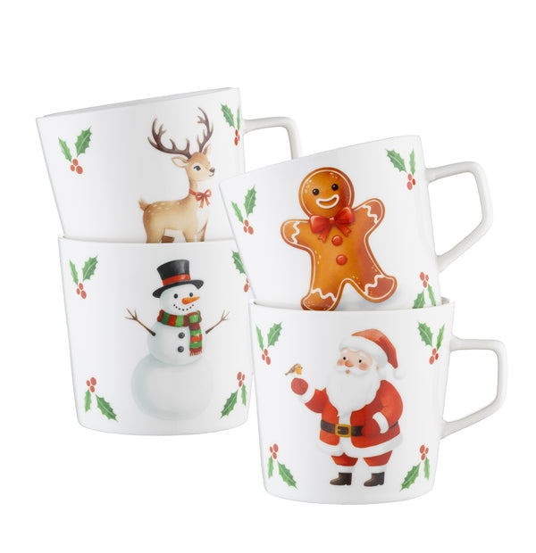 Four white ceramic Christmas mugs with handles, decorated with festive illustrations including a reindeer, gingerbread man, snowman, Santa Claus, and holly leaves, shown on a plain white background.