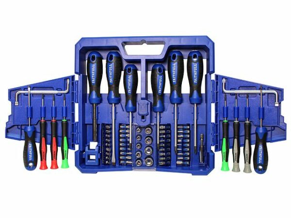 Faithfull 63-piece screwdriver and bit set with CRV bits, sockets, magnetiser, in wall-mountable case – available at Kean’s
