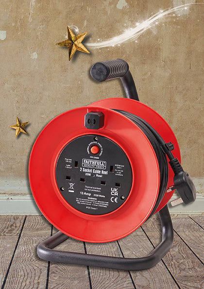 Faithfull 20m Cable Reel 13A with 2 sockets, thermal overload protection, heavy-duty drum – available at Keans Claremorris