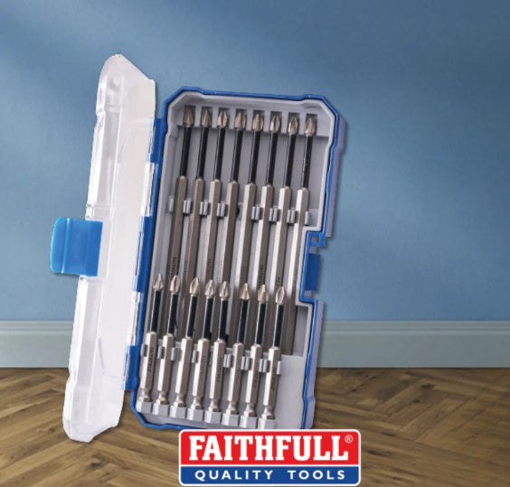 16 Piece Long Impact Bit Set with shock-resistant PH and PZ bits in case – durable torsion bits | Keans Claremorris