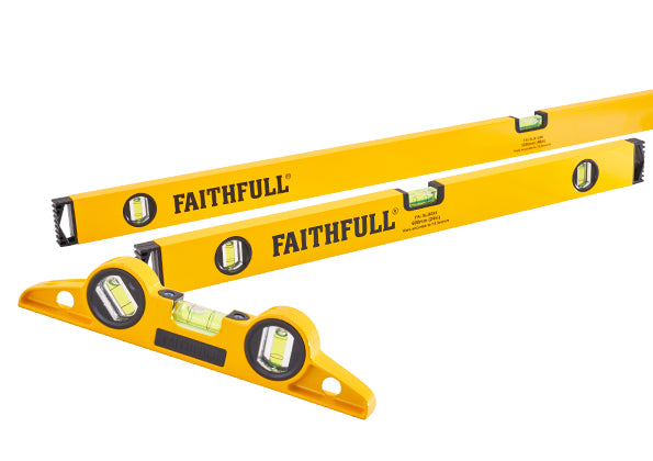 Faithfull 3 Piece Spirit Level Set with 1200mm, 600mm box levels and 240mm magnetic torpedo, available at Kean’s