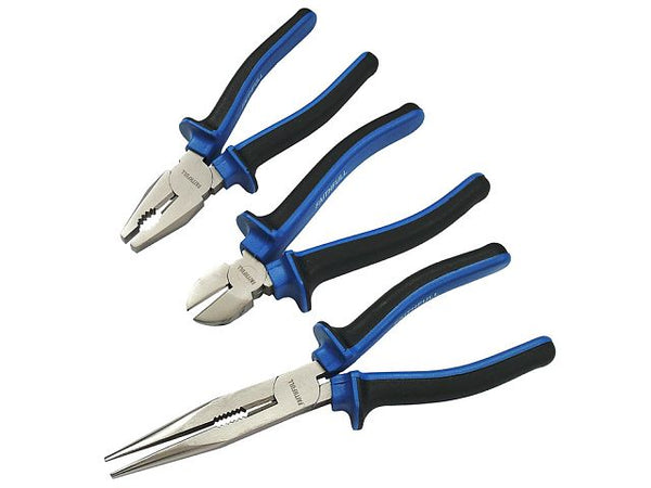 3 Piece Plier Set with combination, diagonal, and long nose pliers, chrome-vanadium steel, cushion grip – Keans Claremorris