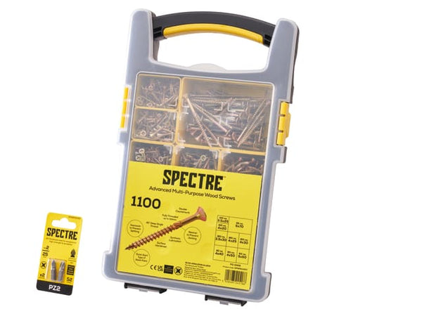 Forgefix Spectre 1100 Piece Advanced Wood Screw Set, zinc yellow finish, pozidrive heads, multi-size, Keans Claremorris