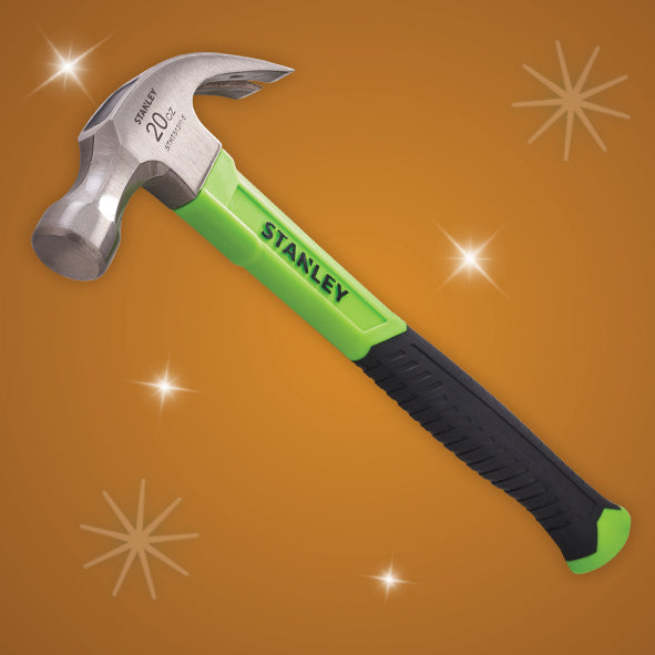 Stanley 20oz Hi-Vis Claw Hammer with fiberglass core, ergonomic grip, high-carbon steel head – durable and