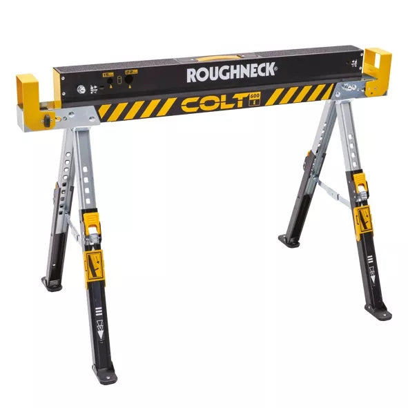 Routhneck XMS24HORSE folding steel sawhorse with 598kg load, adjustable legs, pipe guides, anti-slip surface - Keans