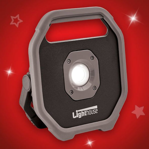 Lighthouse Rechargeable 10W Worklight with dimmable COB LED, 6-hour runtime, 50M beam, IP54 rated – available at Keans