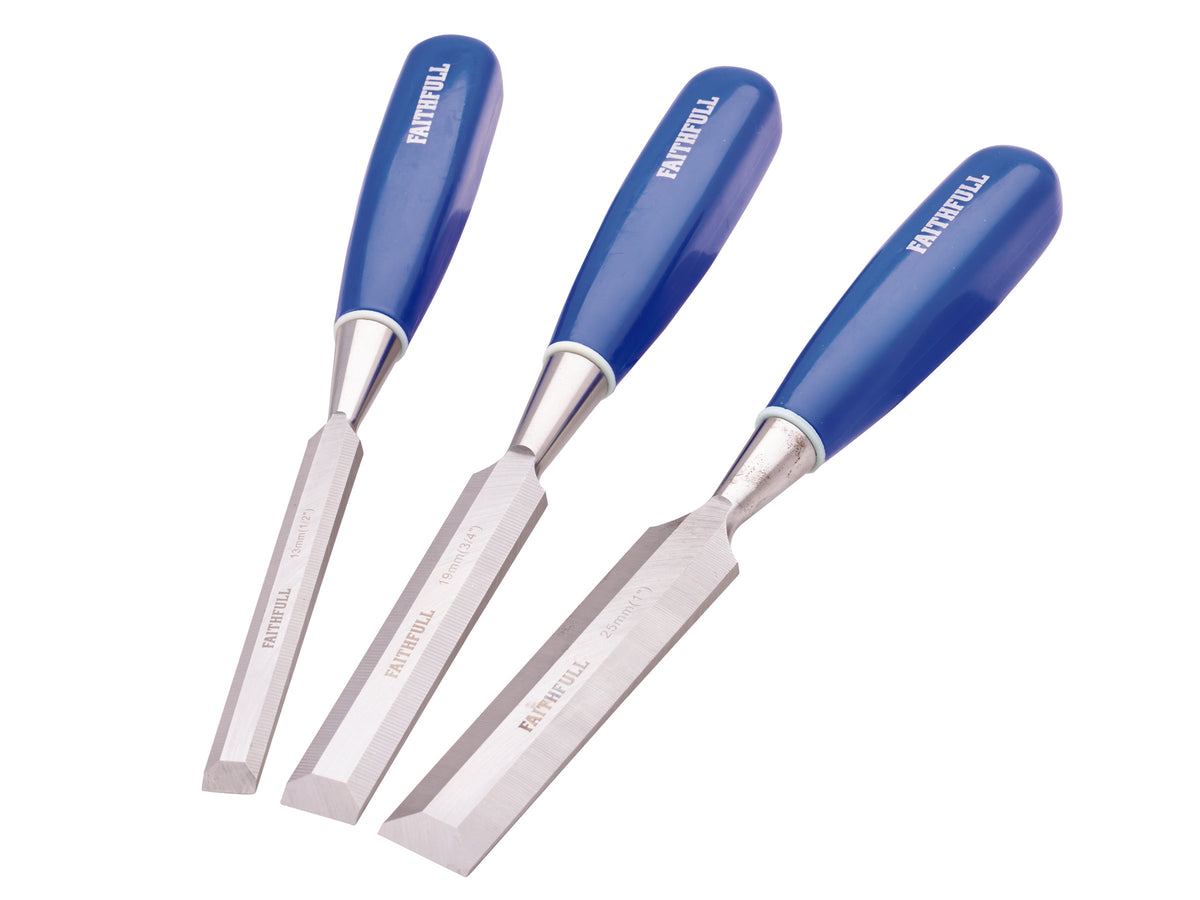 Three Faithfull chisels with blue ergonomic handles and sharp steel blades in varying widths.