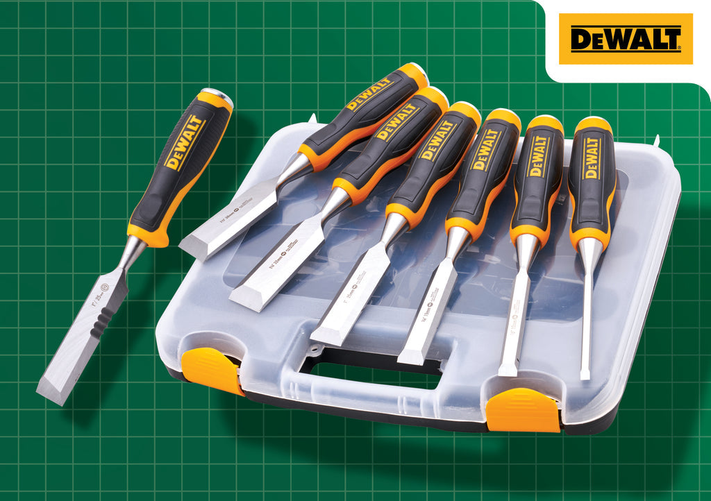 DeWalt 6 piece chisel set with black and yellow handles displayed on a plastic carrying case on a green grid background.