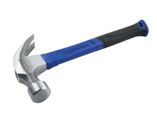 Faithfull 567g fibreglass claw hammer with blue handle and black rubber grip, angled view on white background