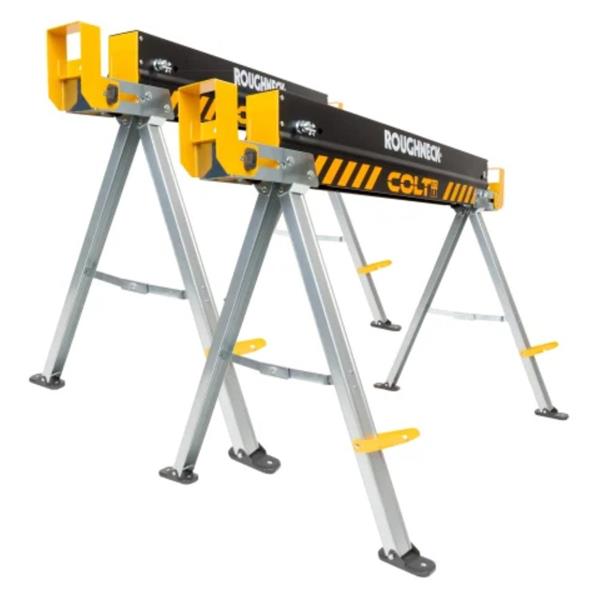 Twin pack of Roughneck Saw Horses with yellow and black tops and silver metal legs, angled view.