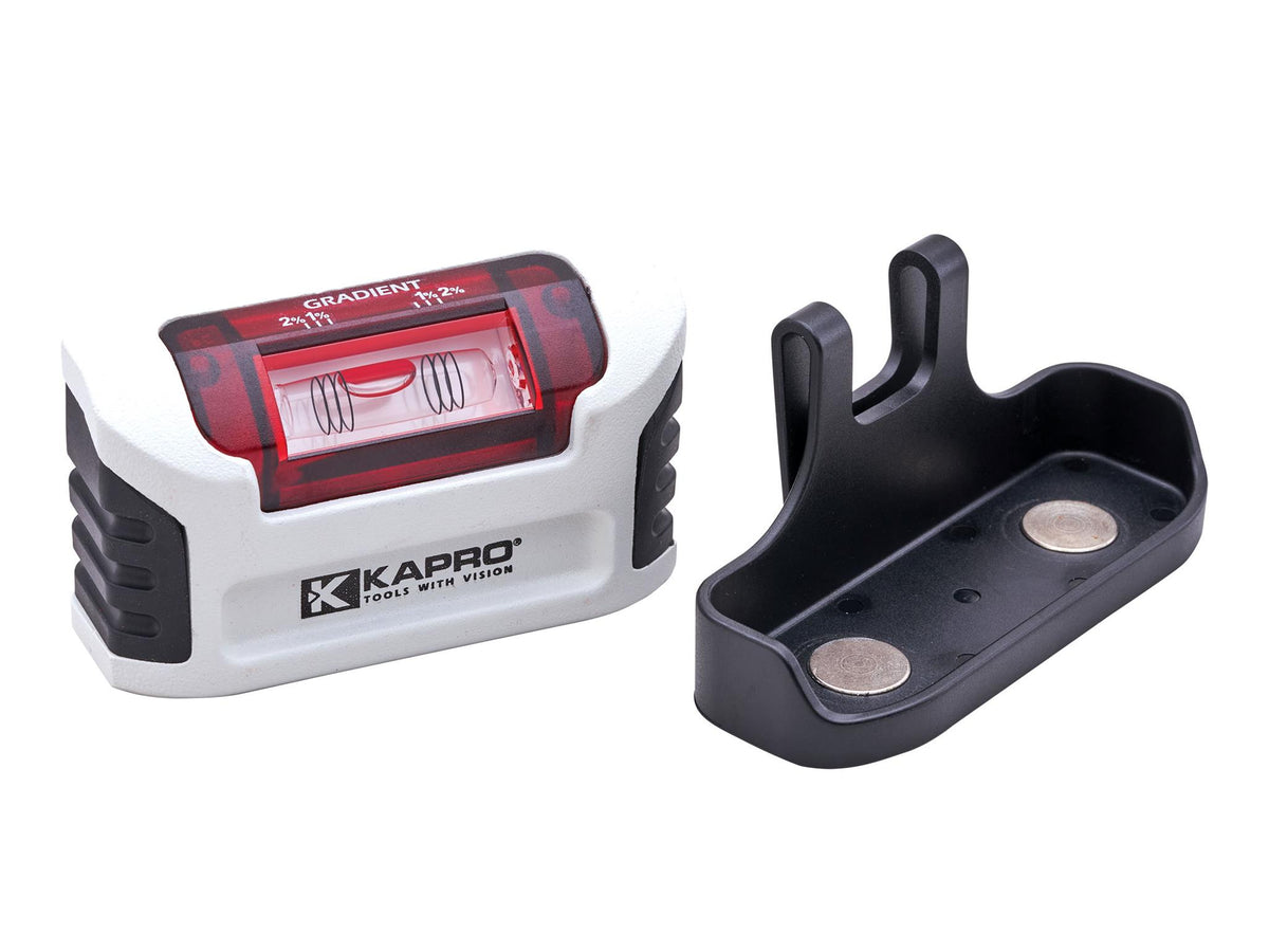Kapro Mini Magnetic Torpedo Level with white body, red vial, black rubber grips, and separate black magnetic base.