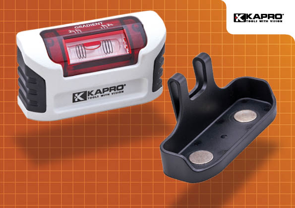 Kapro Mini Level XMS25LEVMINI with red vial and black magnetic holder on orange grid background