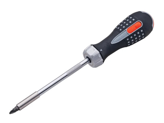 Bahco XMS25 ratcheting screwdriver with black ergonomic grip and quick-release bit holder on white background.