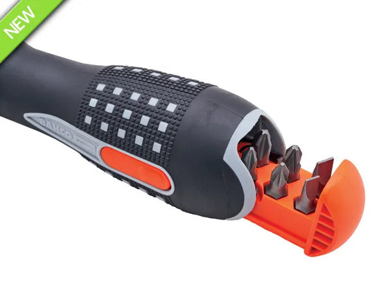 Bahco Ratcheting Screwdriver XMS25RATCHET handle with textured grip and orange bit holder open showing four bits.