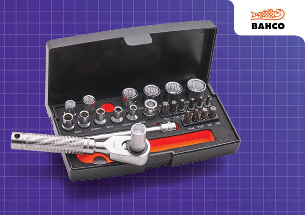 Bahco Special Edition 1/4" socket set with ratchet and various sockets in black plastic case on purple background.