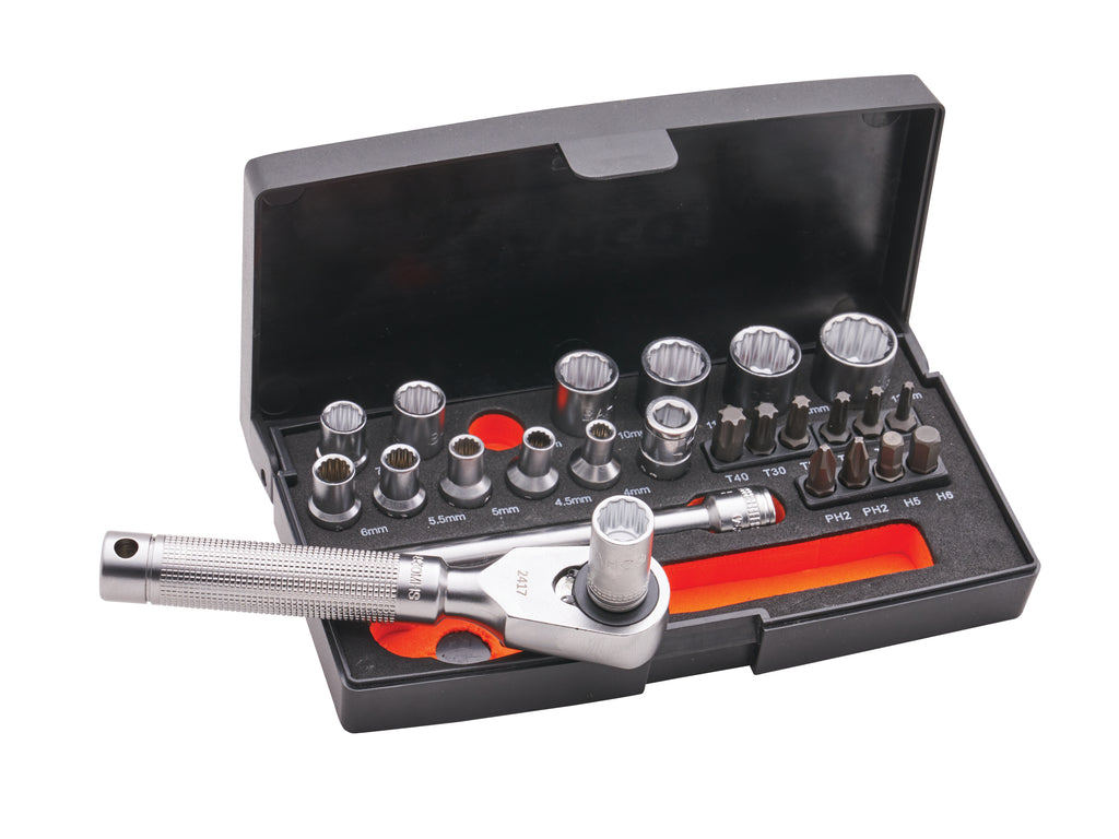 Bahco ¼" socket and screwdriver bit set with quick-release ratchet in black compact case with orange foam insert.