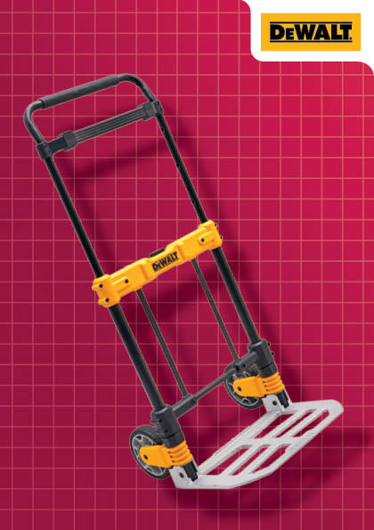 DeWalt folding sack truck with black frame, yellow support bar, and silver loading platform on red grid background.